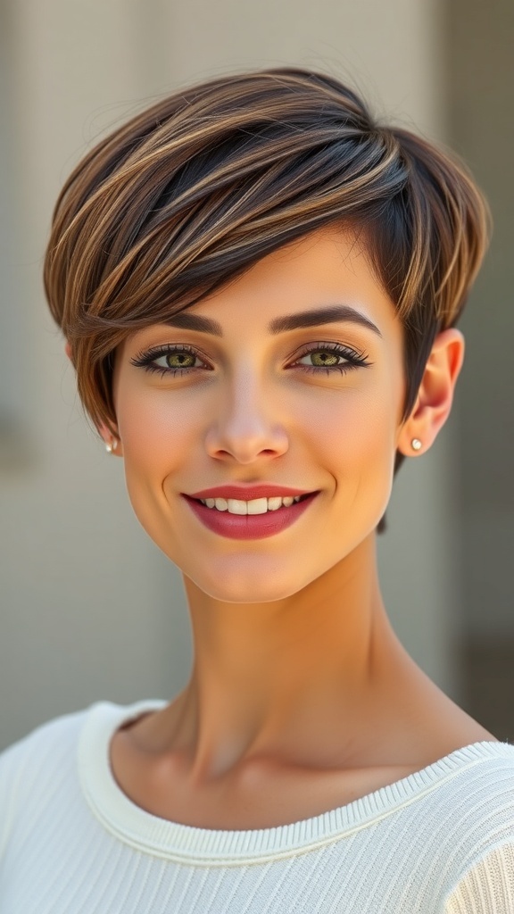 A woman with a short angled bob haircut, smiling and showcasing her stylish look.
