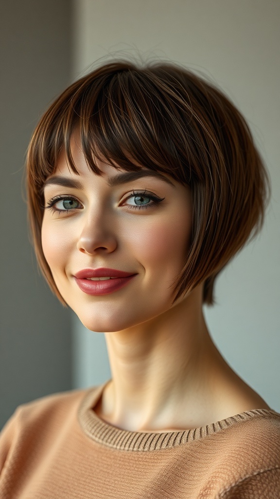 A woman with a short bangs haircut and sharp sides, showcasing a stylish look.