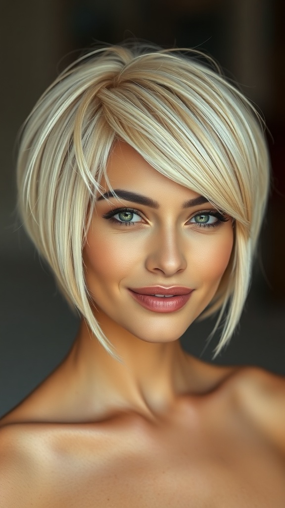 A woman with a stylish short blonde angled bob hairstyle.