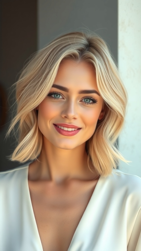 A woman with short beige blonde lob hairstyle, smiling at the camera.