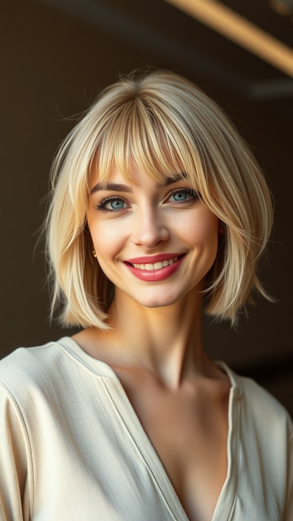 Short blonde hair bob with curtain bangs, showcasing a bright and fresh style.
