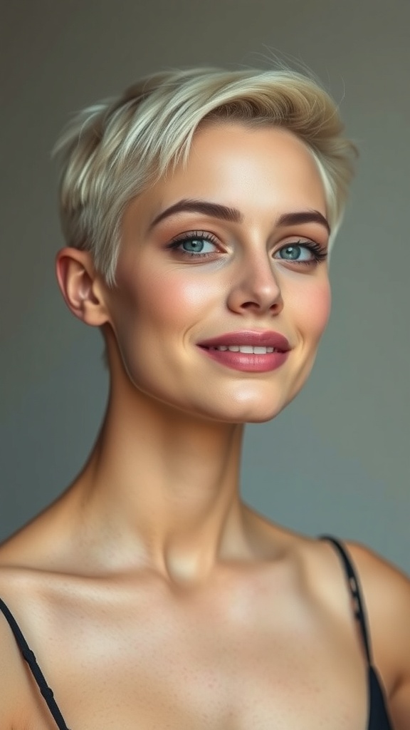 A woman with a stylish buzz cut and short platinum blonde hair, smiling confidently.