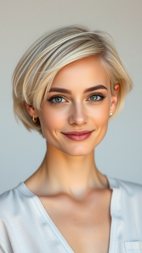 A woman with a cropped bob hairstyle, showcasing short blonde hair.