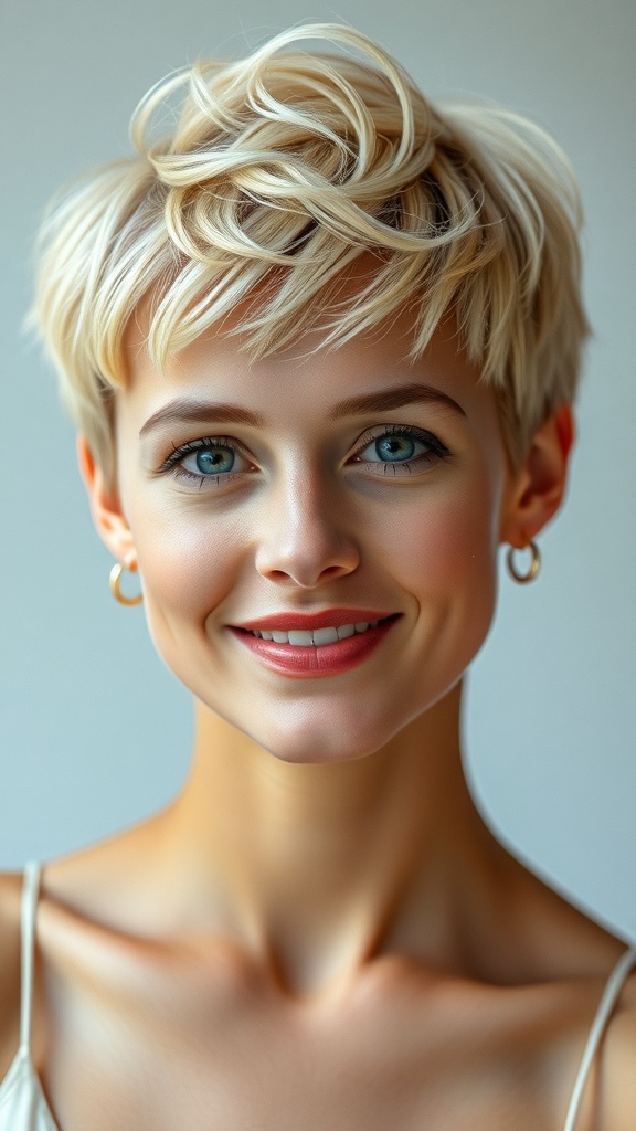 A woman with a stylish short blonde pixie cut, smiling and showcasing her bright look.