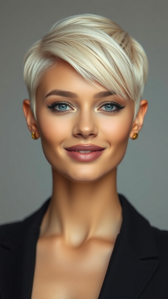 A woman with a stylish short platinum blonde crop hairstyle.