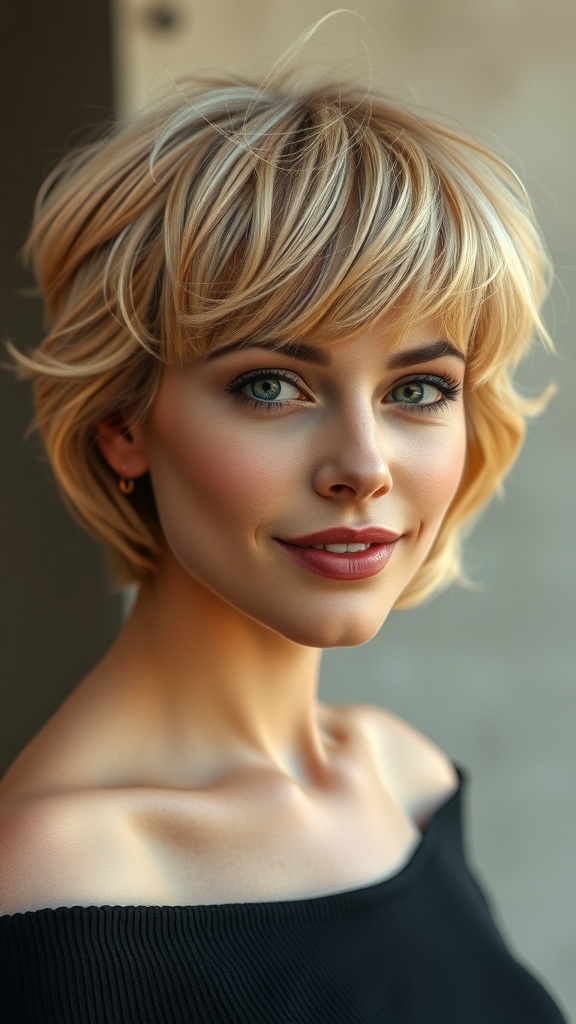 A woman with short blonde shag hairstyle, showcasing layers and texture.