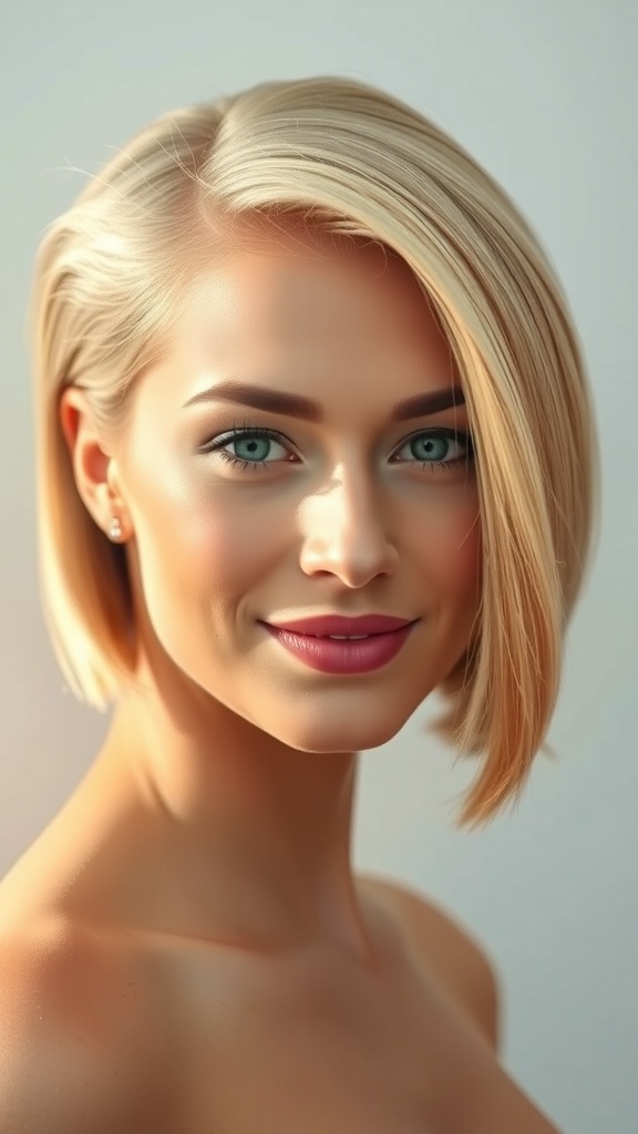 A woman with sleek short blonde hair styled in a side sweep.
