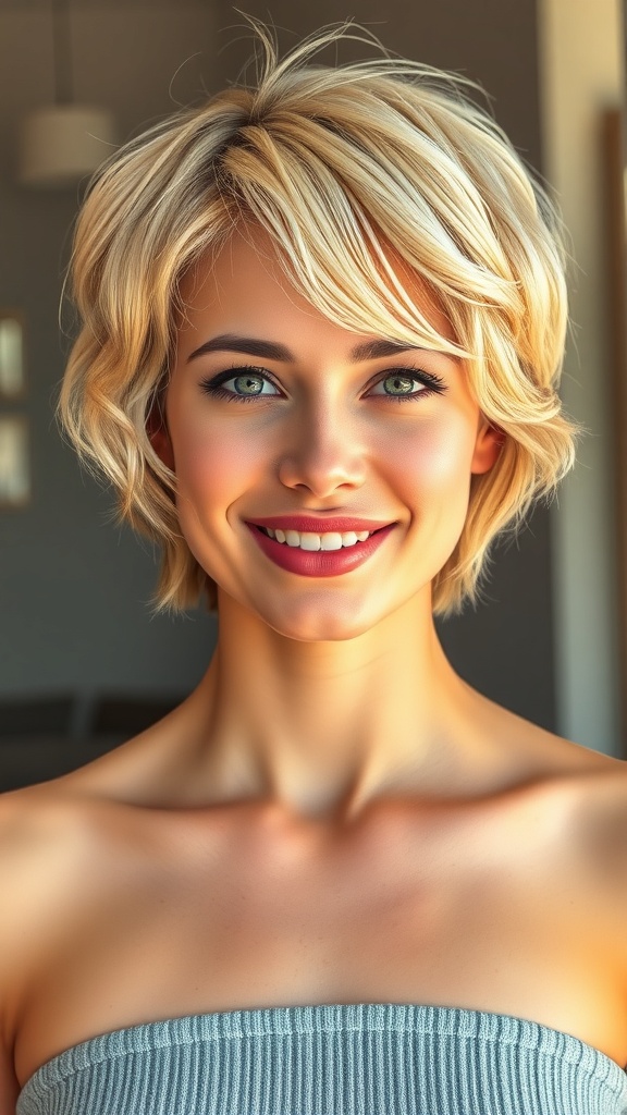A woman with short blonde hair styled in textured layers, smiling at the camera.