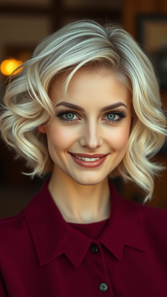 A woman with short blonde hair styled in finger waves, smiling at the camera.