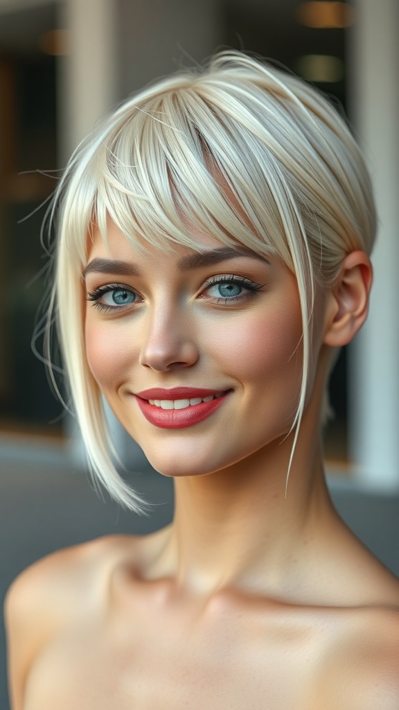 A woman with short platinum blonde hair and a bright smile.