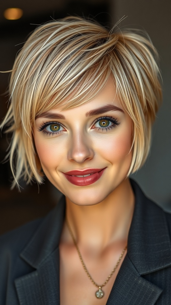 A woman with a layered pixie bob hairstyle in blonde.