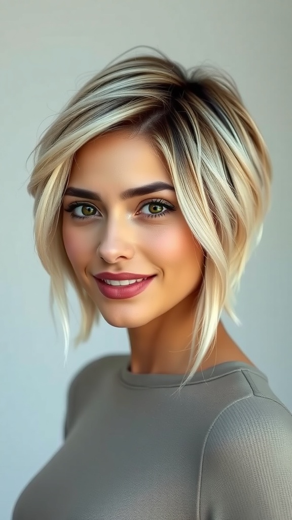 A woman with short blonde hair featuring a root shadow, smiling and looking stylish.