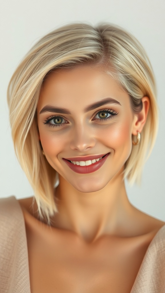 A woman with short blonde hair styled with a side part, smiling at the camera.