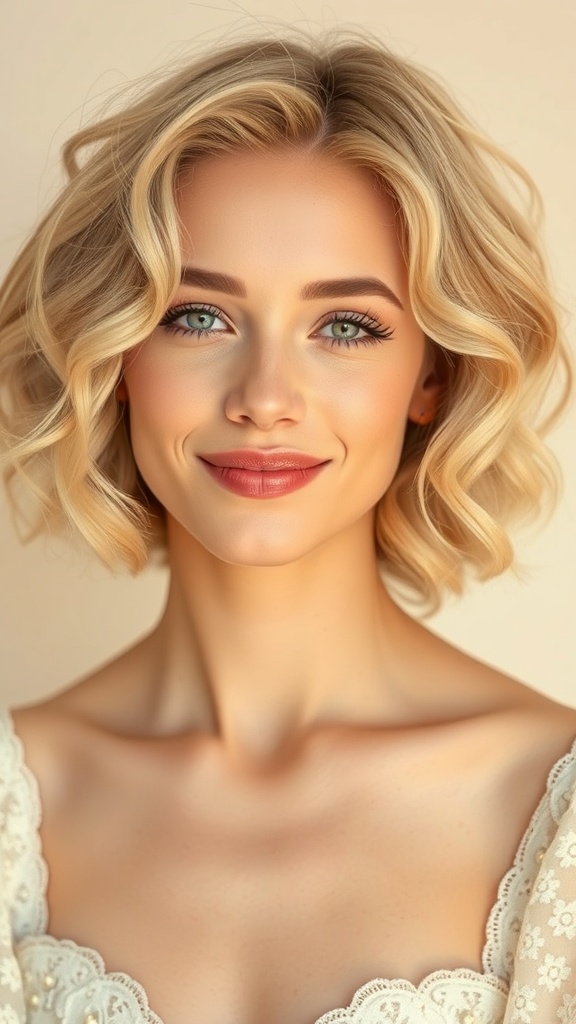 A woman with short blonde hair styled in soft curls, smiling at the camera.