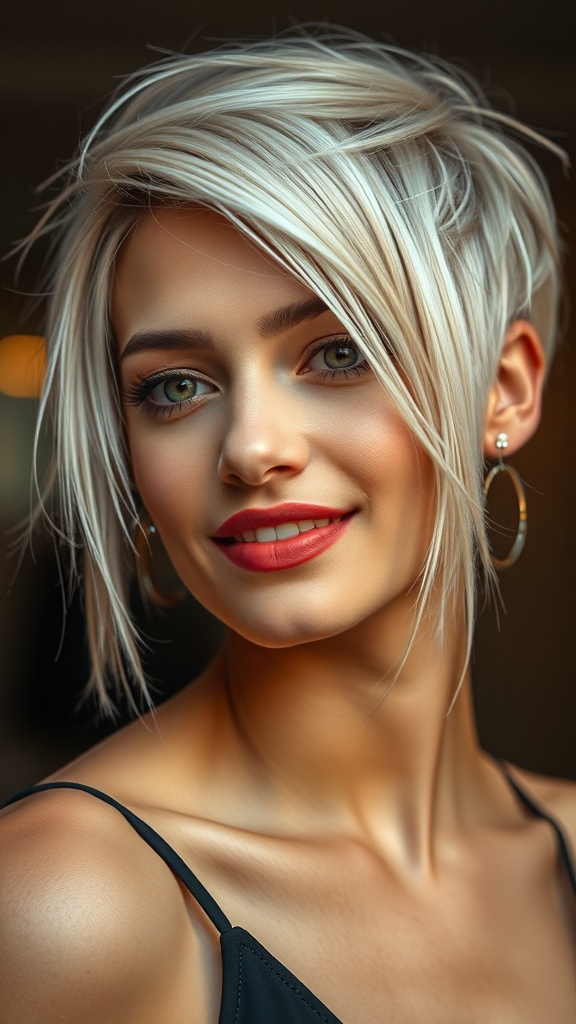 A woman with short platinum blonde hair and an undercut, smiling confidently.