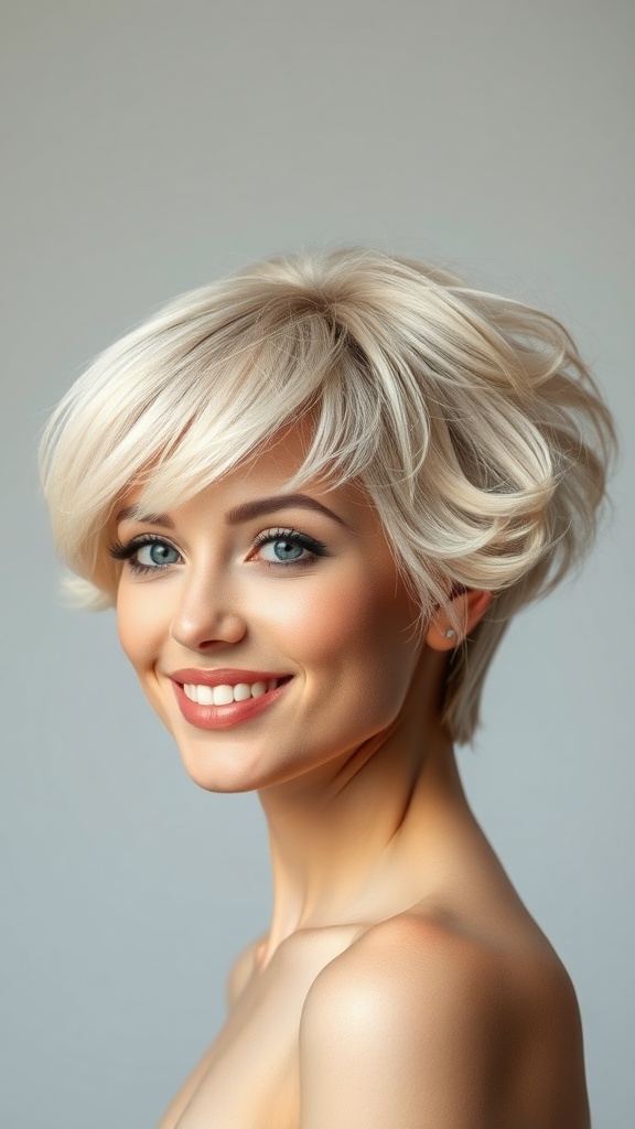 A woman with short blonde hair styled with volume at the crown, smiling.