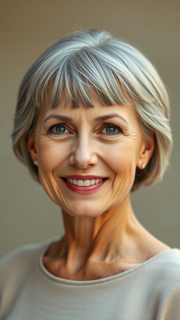 A smiling older woman with a short bob hairstyle and rounded bangs.