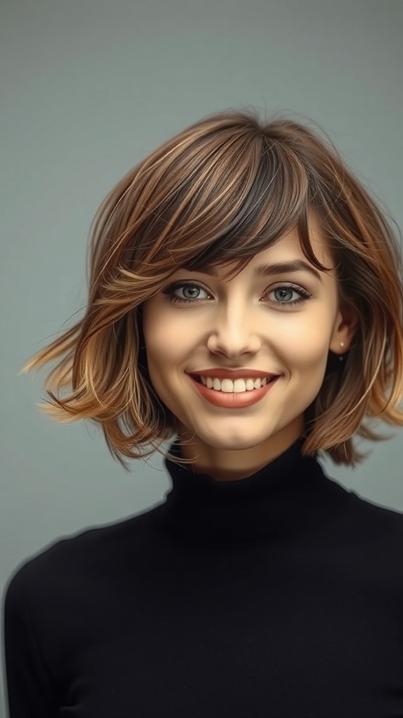A smiling woman with short brown shag hair and wispy layers, wearing a black turtleneck.