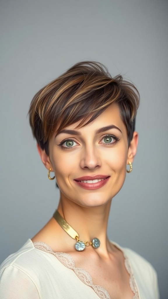 Short brown undercut hairstyle with blended top.