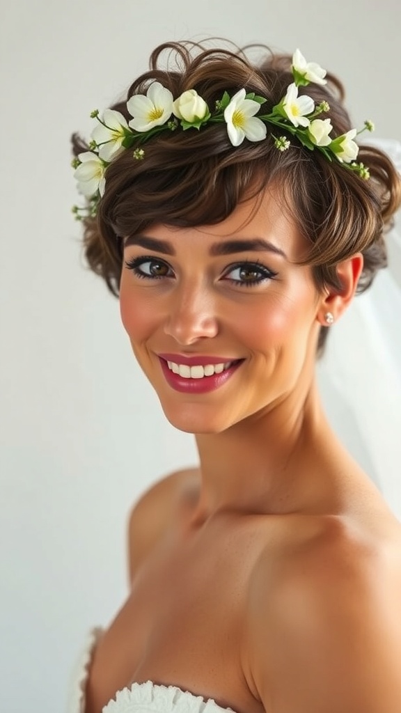 A bride with a short curly afro and a floral headband, smiling brightly.