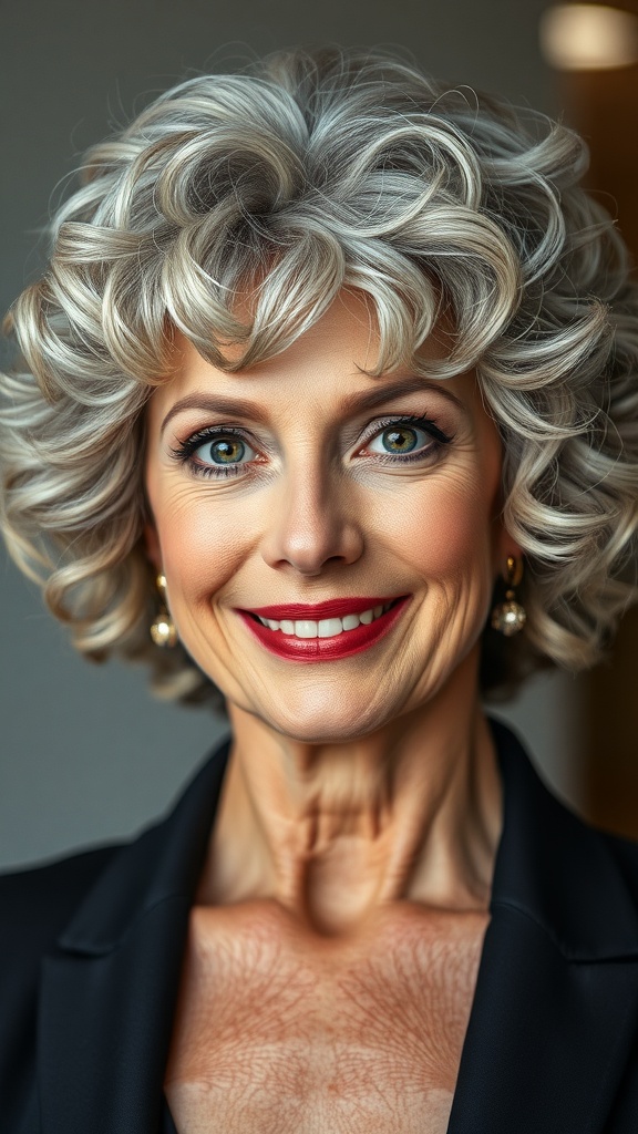 A woman with a short curly bob hairstyle, showcasing classy grey hair with highlights, smiling confidently.