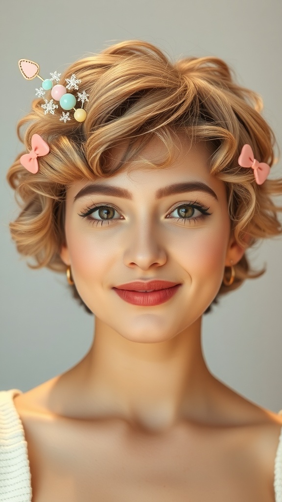 A stylish short curly bob hairstyle adorned with colorful kawaii hairpins.