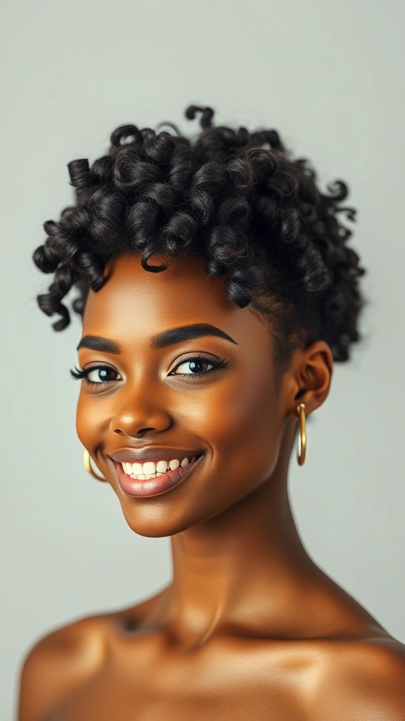 A woman with short curly hair styled in defined coils, smiling and showcasing her look.