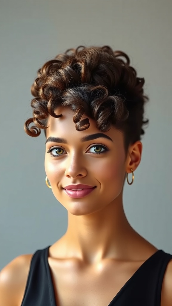 A woman with short curly hair styled in a volume puff updo.