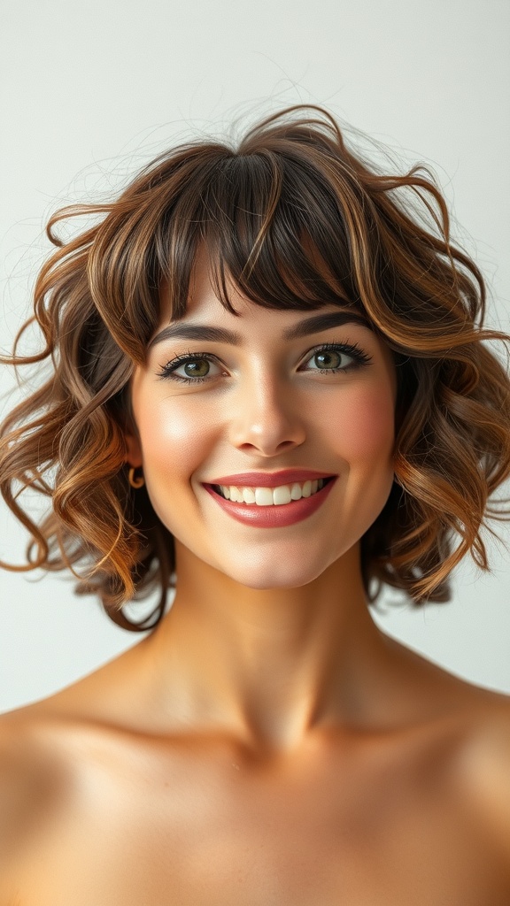 A woman with short curly hair and straight cut bangs, smiling brightly.