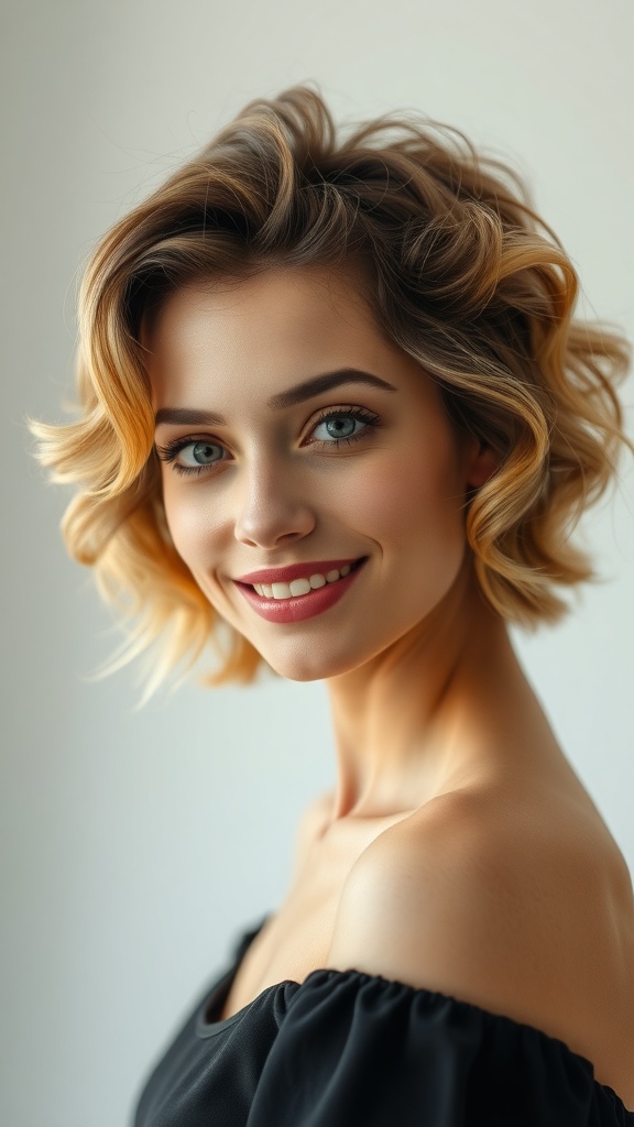 A woman with short layered curly hair and highlighted tips, smiling at the camera.