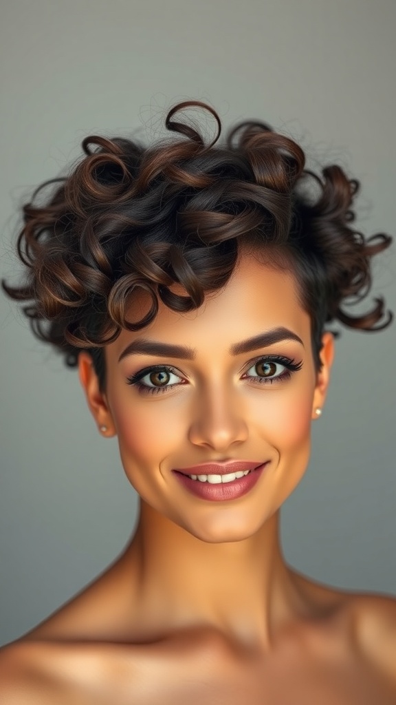 A woman with short curly hair styled in a wolfcut with tapered ends, showcasing vibrant curls and a fresh look.