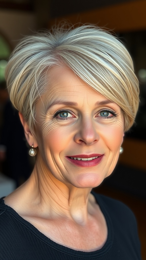 A woman with a short feathered haircut and side bangs, smiling and looking stylish.
