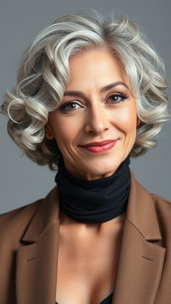 A woman with a short grey bob hairstyle and a side part, smiling confidently.