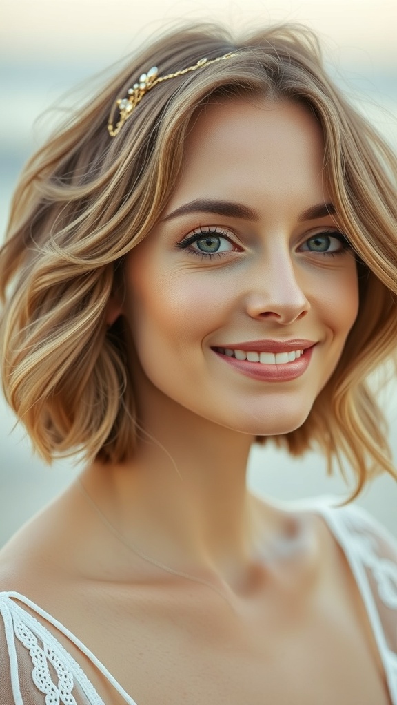 A woman with short beach waves and a halo clip, smiling at the beach