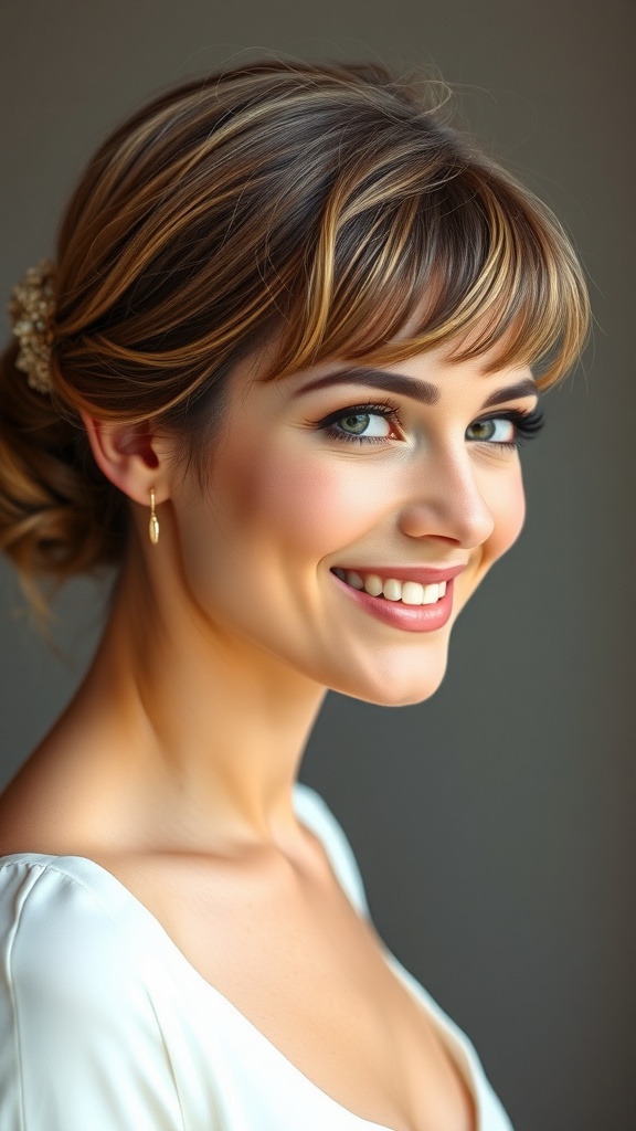 A woman with a short hair bun and soft waves, smiling elegantly.