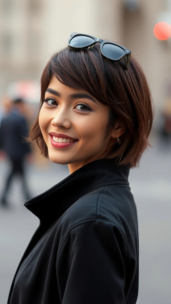 A woman with a choppy bob hairstyle and bangs, wearing sunglasses and a black jacket, smiling at the camera.