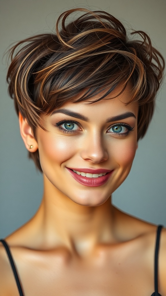 A woman with choppy layered short hair, smiling and showcasing a playful hairstyle.