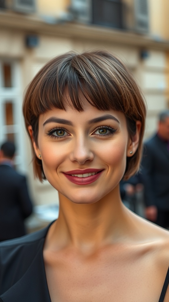 A woman with a classic French bob hairstyle, featuring bangs and a brown color, smiling confidently.