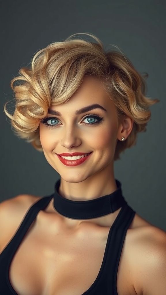 A woman with a short curled bob hairstyle and a side part, featuring light brown hair and a bright smile.