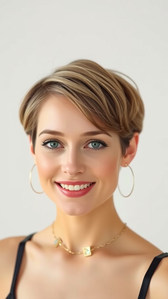 A woman with short layered hair and bangs, smiling confidently.