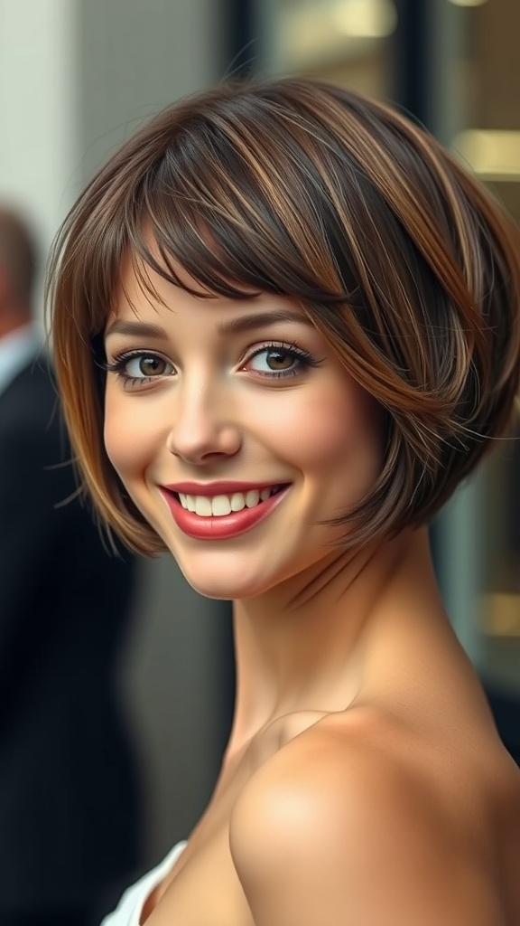 A woman with a short layered haircut featuring soft bangs and side volume, smiling brightly.