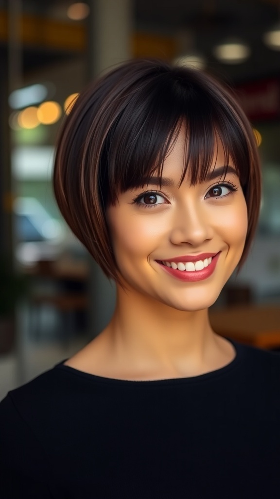 A woman with a short haircut and baby bangs, smiling in a casual setting.
