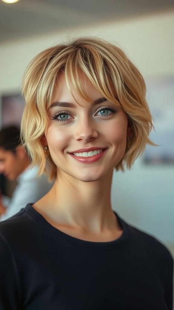 A woman with a shaggy bob haircut featuring wispy bangs and light brown hair, smiling in a casual setting.