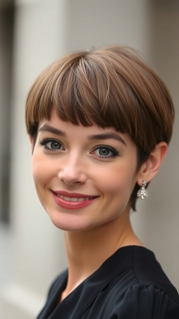 A woman with a stylish French bob hairstyle, featuring soft waves and elegant earrings, smiling at the camera.