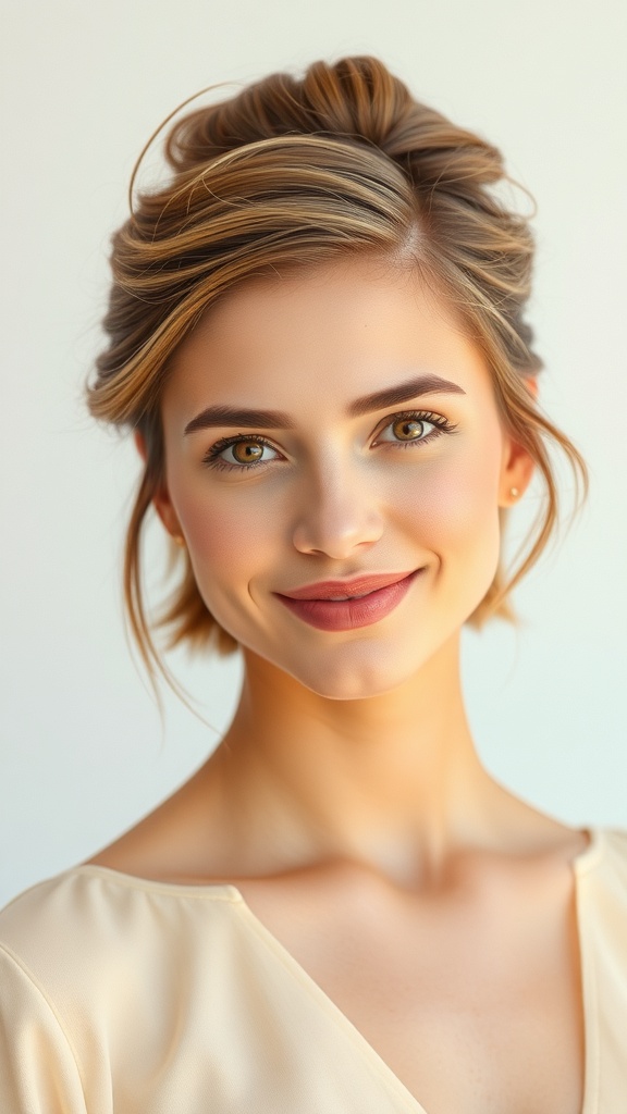 A woman with a half-up hairstyle, featuring a chic bun and loose strands framing her face.