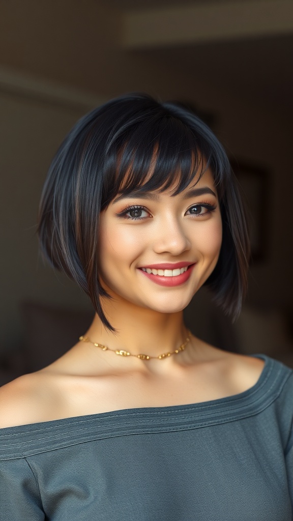 A young woman with a 90s inspired bob hairstyle, featuring bangs and a warm brown color.