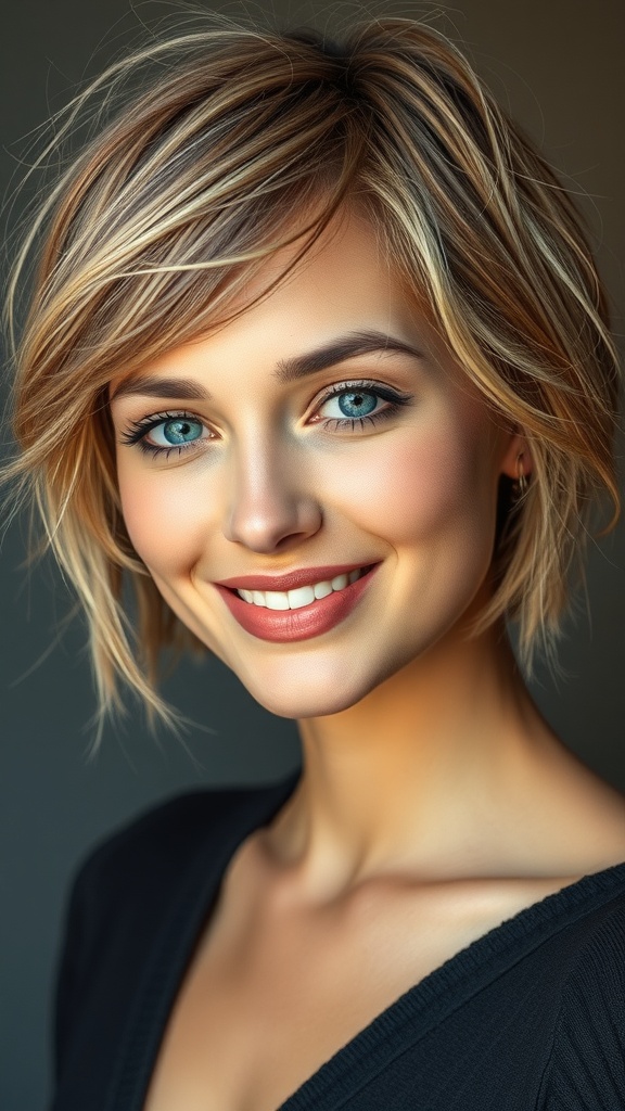 A woman with short brown hair styled in a shaggy bob with wispy bangs, smiling at the camera.