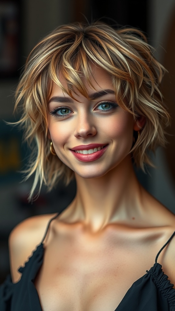 A woman with messy layered short hair, smiling confidently.
