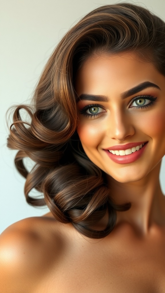 A woman with short hair styled in soft waves, smiling brightly.