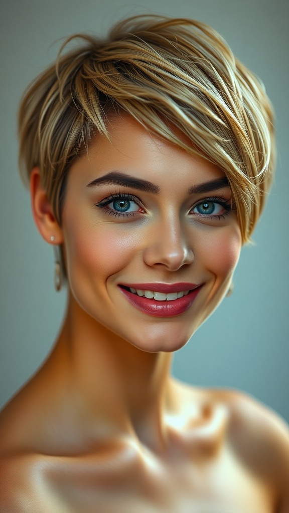 A woman with a short pixie cut and side bangs, smiling confidently.